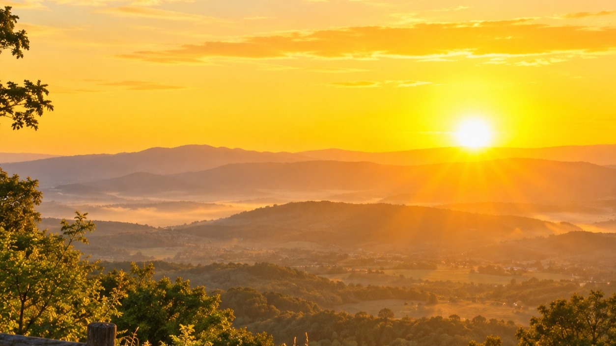A bright yellow sunrise fills the sky.