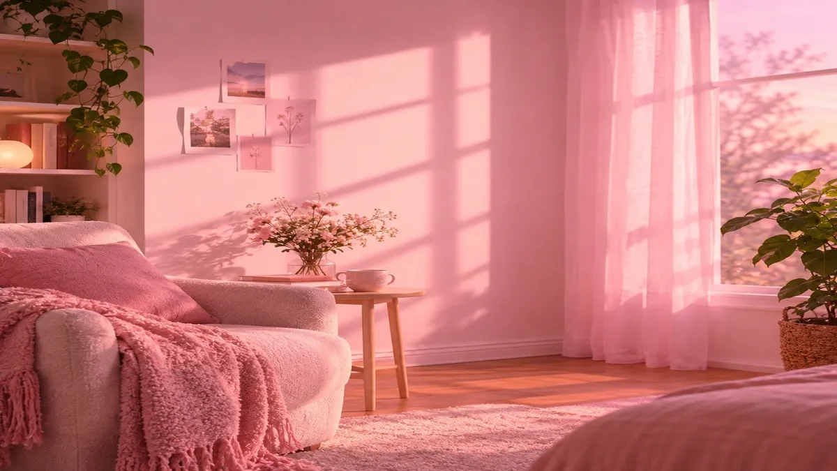 A soft pink glow fills the space around you.