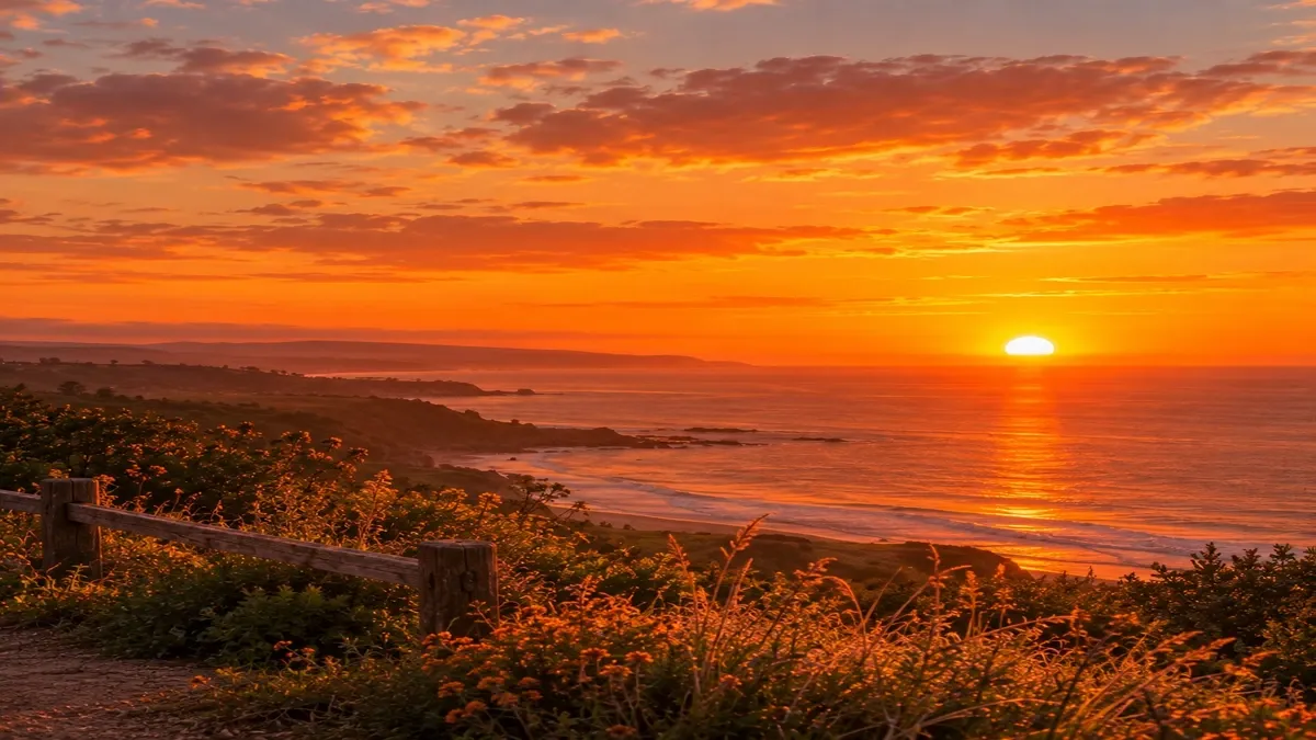 An orange sunset lights up the sky.
